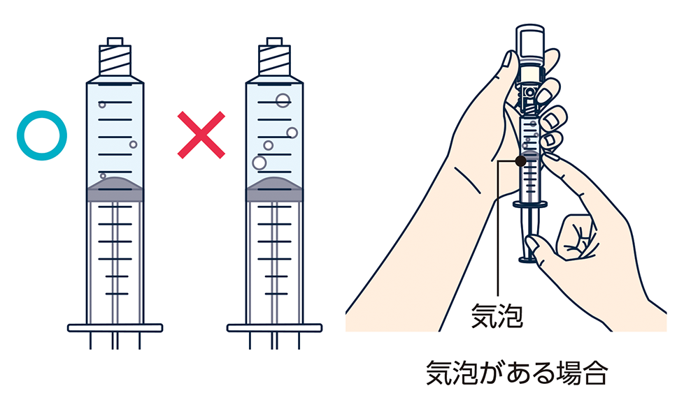 注射筒内に大きな気泡がないことを確認します（多少、小さな気泡が残っていても問題ありません）。