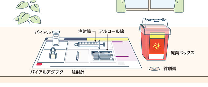 環境を整え、石けんなどで手を洗い、注射に必要な物品を並べます。