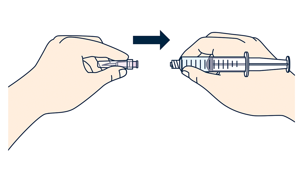 注射筒内に異物がないことを確認後、注射針を注射筒の先端に取りつけます。